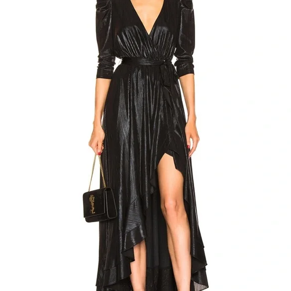 NWT Retrofete Flora Black Maxi Evening Dress Long Sleeve High Slit V-Neck XS - Picture 3 of 16